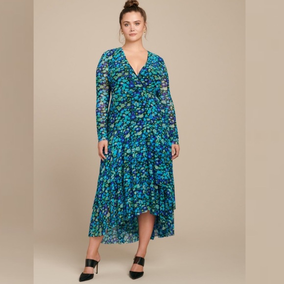 Ganni | Dresses | New Ganni Printed Mesh Wrap Dress Azure Blue 44 | Poshmark